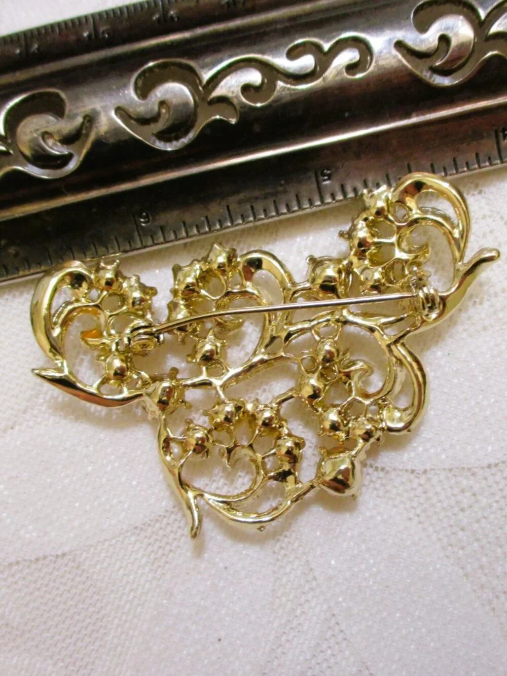 Vintage ART NOUVEAU Brooch: Goldenrod Rhinestone Pearl Swirl, Gold Plate